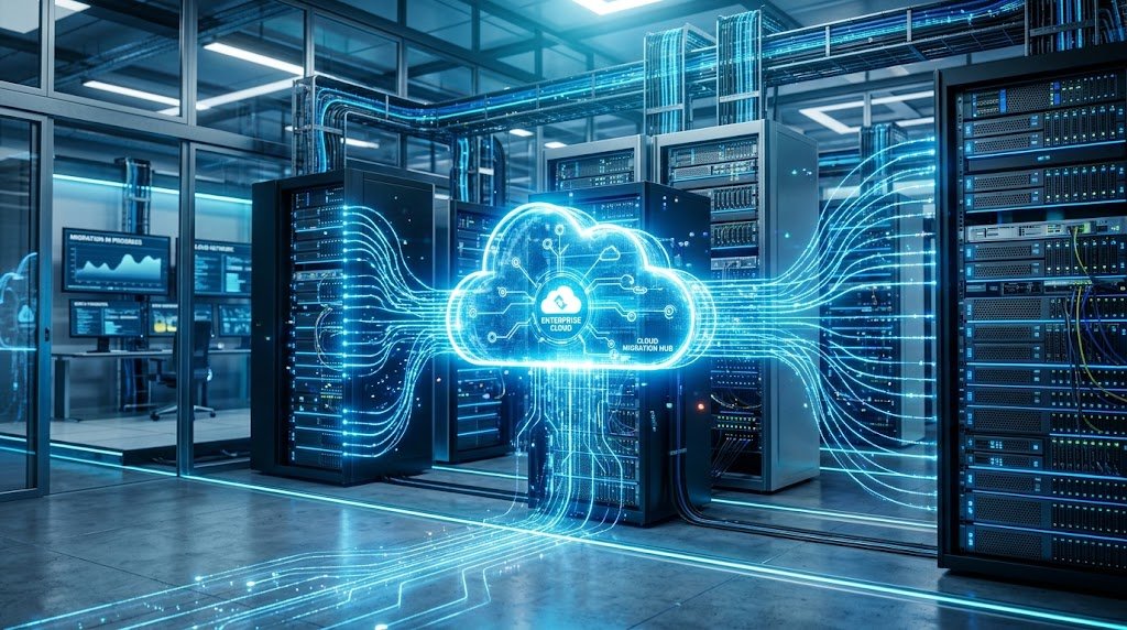 Enterprise cloud infrastructure migration concept showing transition from physical
servers to digital cloud.